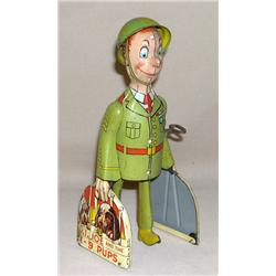 Unique Art Tin Litho Windup GI Joe w/ K-9 Pumps Toy