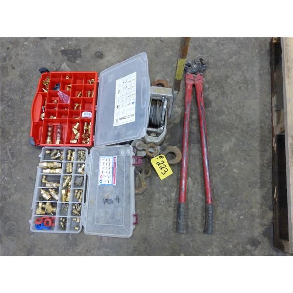 Qty of Brass Air Fittings, Come-a-long and Tire Chain Tool