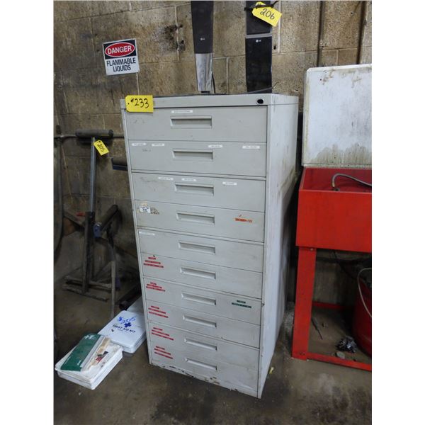 Grey Tool Cabinet, 10 Drawers c/w Various Hyd. Fittings, Welding Rods, Chain Hooks and Misc.