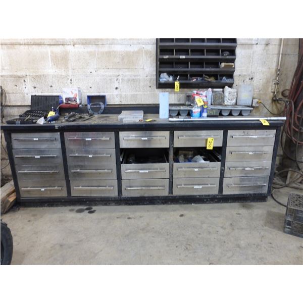 112"L x 36"H x 30"Deep Steel Counter c/w Large amount of Good Contents