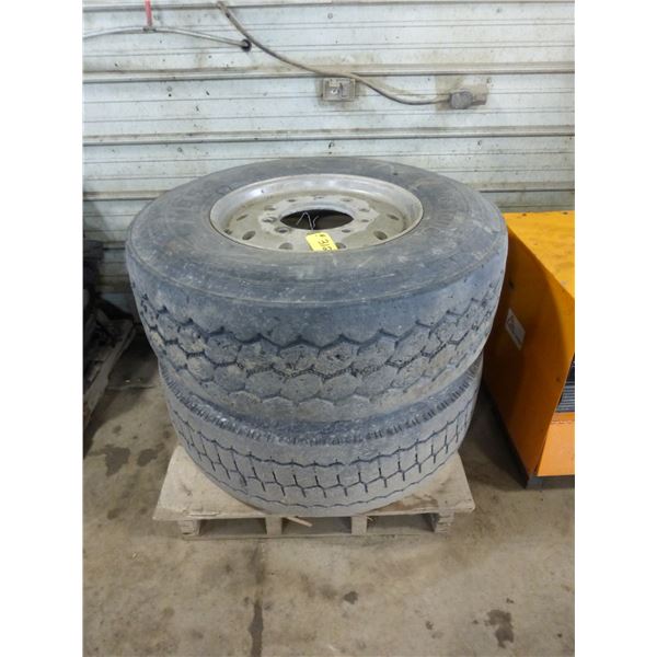 2- 385/65/22.5 Bridgestone Tires c/w Alum. Rims