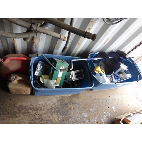 Ice Auger, Heater, R.V. Cord, c/w 2 Totes of Misc.