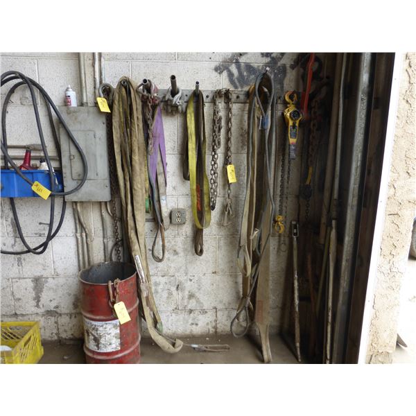 Chains, Cable, Slings, 2 Come-a-longs, Snipe, Chain tool and Misc. Chains in Barrel