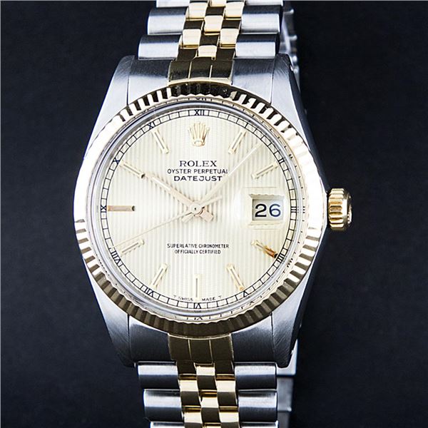 Rolex Men's Two Tone Champagne Tapestry Index Datejust Wristwatch Oyster Perpetual