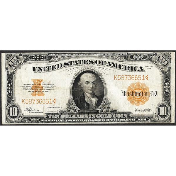 1922 $10 Gold Certificate Note