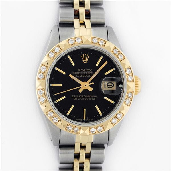 Rolex Ladies Two Tone Black Diamond Oyster Perpetual Datejust Wristwatch