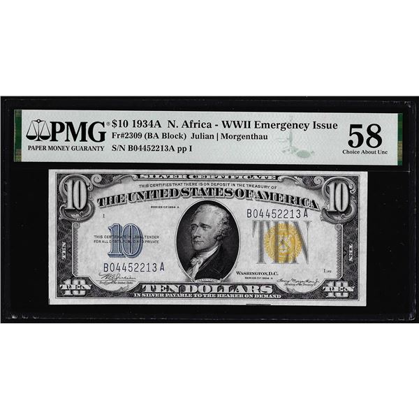 1934A $10 North Africa WWII Emergency Silver Certificate Note PMG Choice About Unc. 58