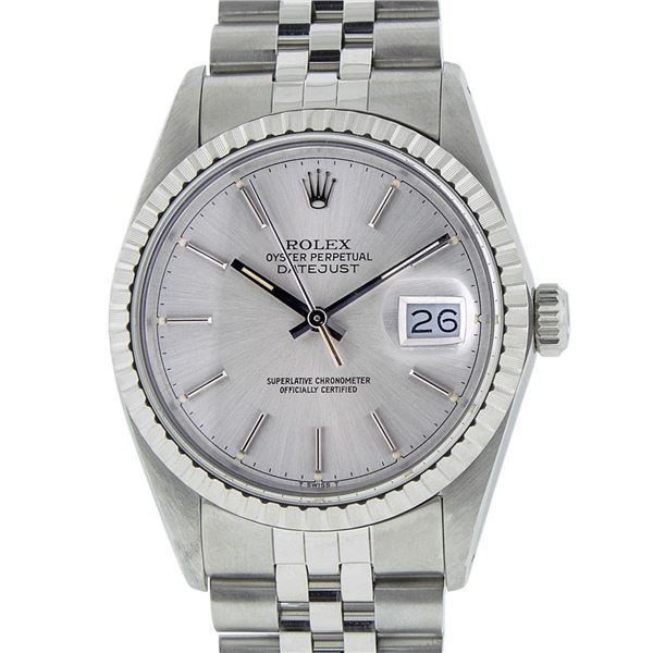 Rolex Mens Stainless Steel Silver Index Oyster Perpetual Datejust Wristwatch