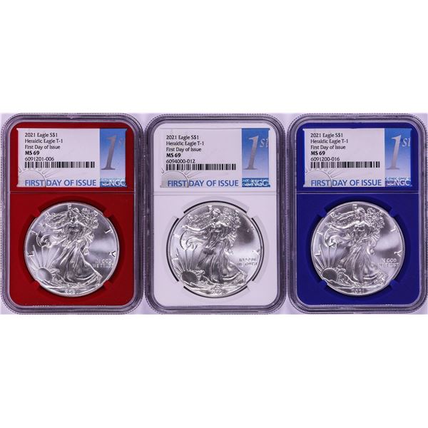 Lot of 2021 Type 1 $1 American Silver Eagle Coins NGC MS69 FDOI Red/White/Blue Core
