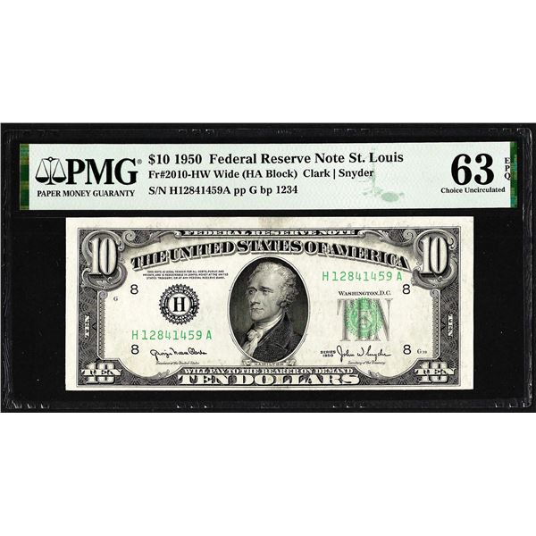 1950 $10 Federal Reserve Note St. Louis Fr.2010-HW Wide PMG Choice Uncirculated 63EPQ