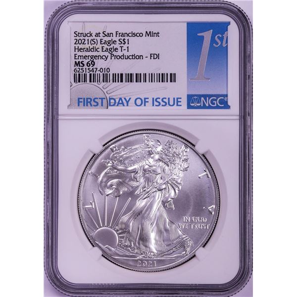 2021-(S) Type 1 $1 American Silver Eagle Coin NGC MS69 First Day of Issue Emergency
