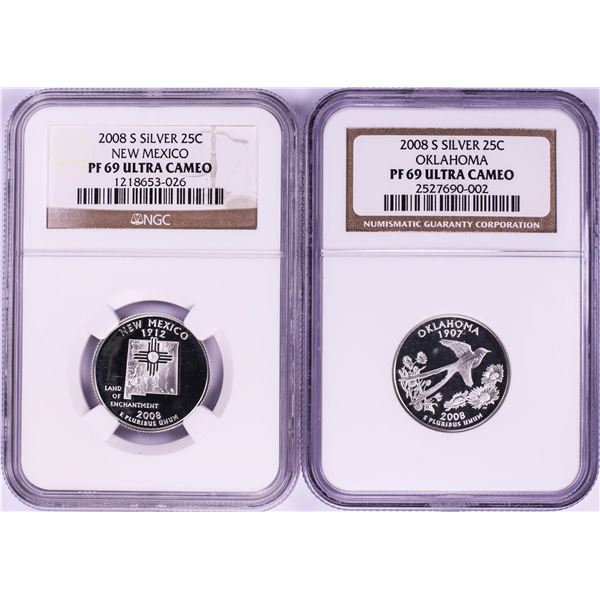 Lot of (2) 2008-S Proof Silver State Quarter Coins NGC PF69 Ultra Cameo
