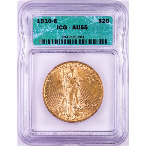 1910-S $20 St. Gaudens Double Eagle Gold Coin ICG AU55