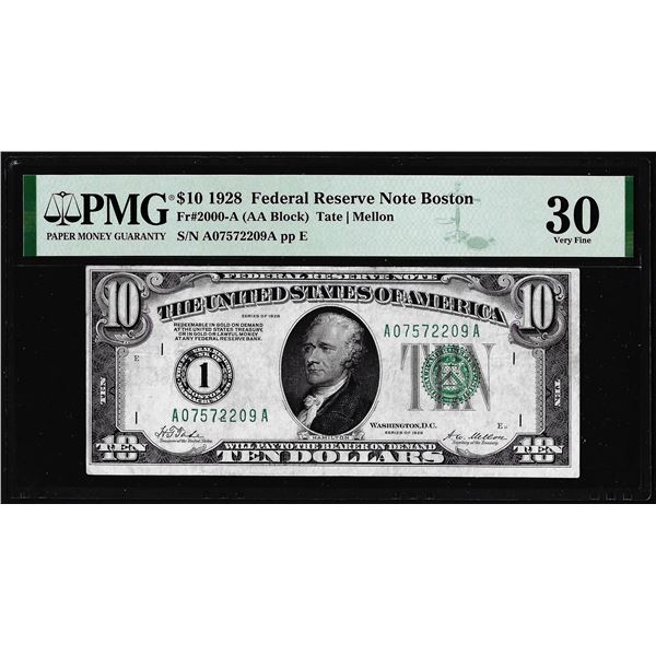 1928 $10 Federal Reserve Note Boston Fr.2000-A PMG Very Fine 30