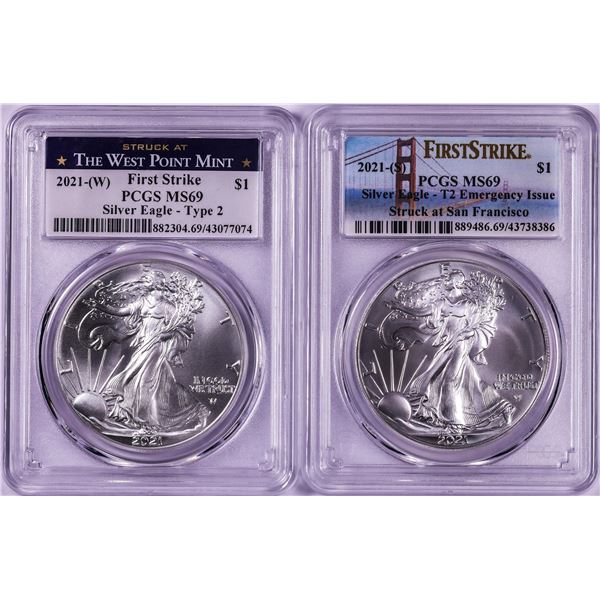 Lot of 2021-(S) & (W) Type 2 $1 American Silver Eagle Coins PCGS MS69 First Strike