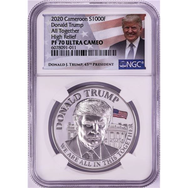 2020 Cameroon 1000 Francs High Relief Donald Trump Silver Coin NGC PF70 Ultra Cameo