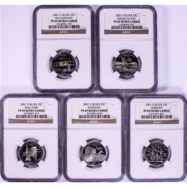 Set of (5) 2001-S Silver Proof State Quarter Coins NGC PF69 Ultra Cameo