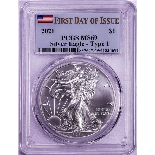 2021 Type 1 $1 American Silver Eagle Coin PCGS MS69 First Day of Issue