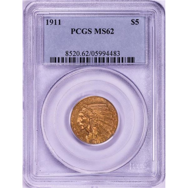 1911 $5 Indian Head Half Eagle Gold Coin PCGS MS62