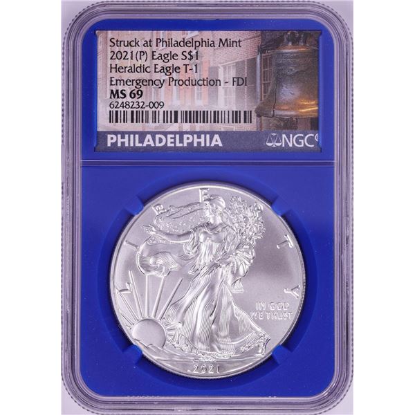 2021-(P) Type 1 $1 American Silver Eagle Coin NGC MS69 First Day Emergency Issue