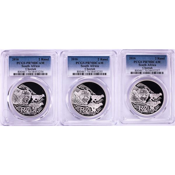 Lot of (3) 2016 Proof South Africa 2 Rand Cheetah Silver Coins PCGS PR70DCAM