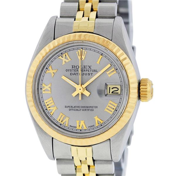 Rolex Ladies Two Tone Slate Grey Roman Datejust Wristwatch