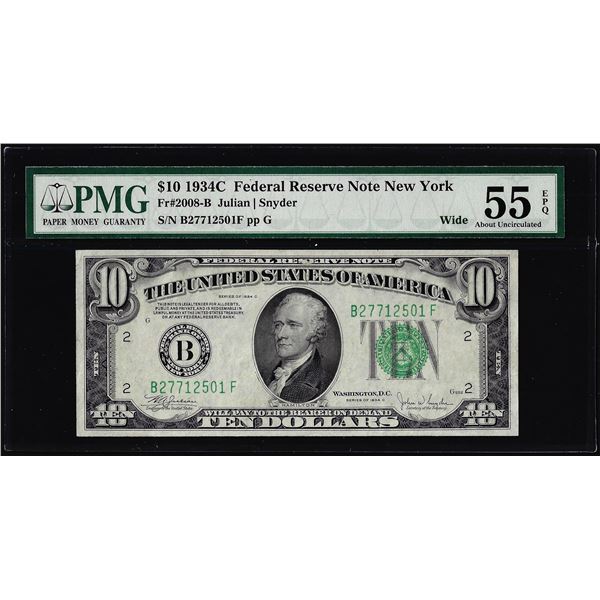 1934C $10 Federal Reserve Note New York Fr.2008-B Wide PMG About Uncirculated 55EPQ