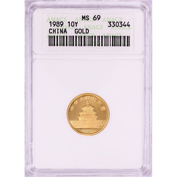1989 China 10 Yuan 1/10 Oz. Gold Panda Coin ANACS MS69