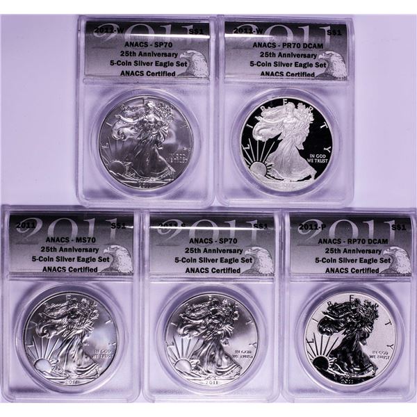 25th Anniversary 2011 $1 American Silver Eagle (5) Coin Set ANACS MS70/SP70/PR70/RP70