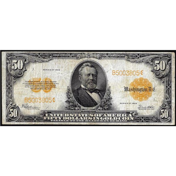 1922 $50 Gold Certificate Note