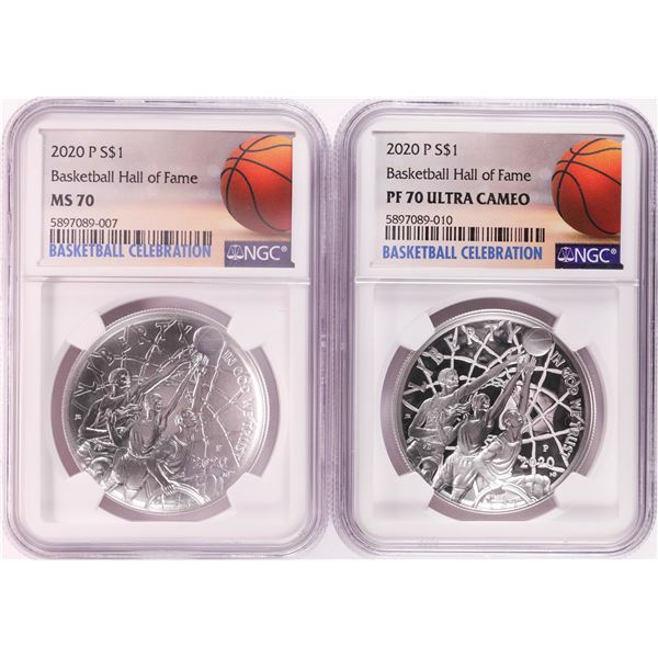 Lot of (2) 2020 P $1 Basketball Hall of Fame Silver Coin NGC MS/PF70