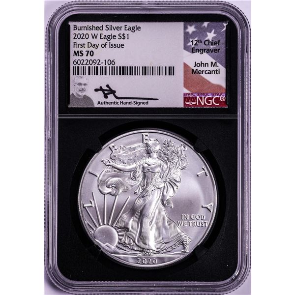 2020-W $1 Burnished American Silver Eagle Coin NGC MS70 Mercanti Signature