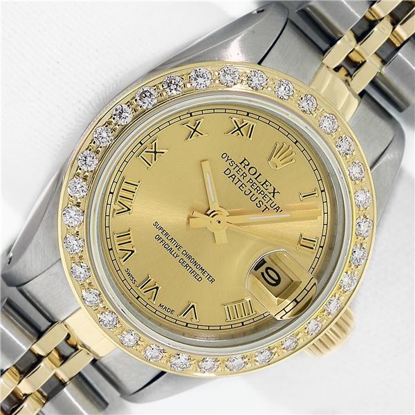 Rolex Ladies Two Tone Champagne Roman Datejust Wristwatch