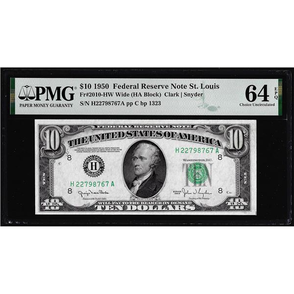 1950 $10 Federal Reserve Note St. Louis Fr.2010-HW PMG Choice Uncirculated 64EPQ