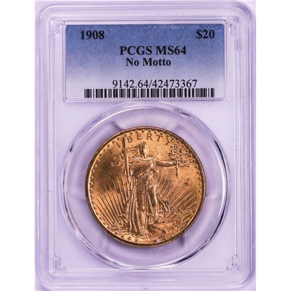 1908 No Motto $20 St. Gaudens Double Eagle Gold Coin PCGS MS64