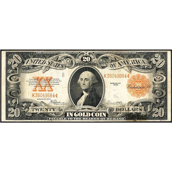 1922 $20 Gold Certificate Note