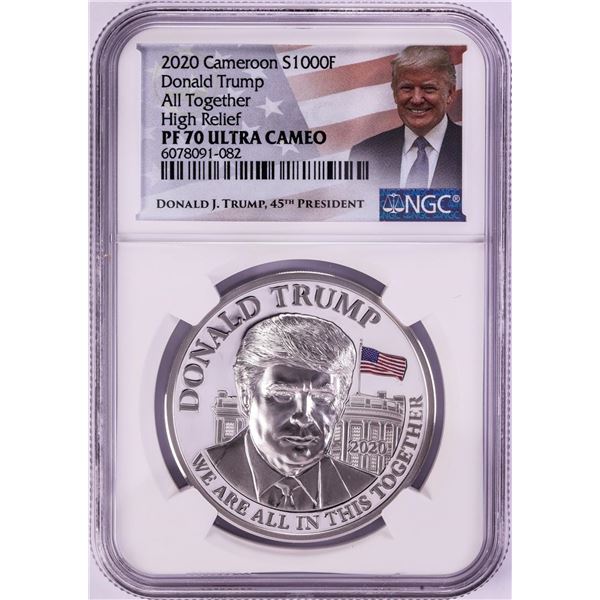 2020 Cameroon 1000 Francs High Relief Donald Trump Silver Coin NGC PF70 Ultra Cameo