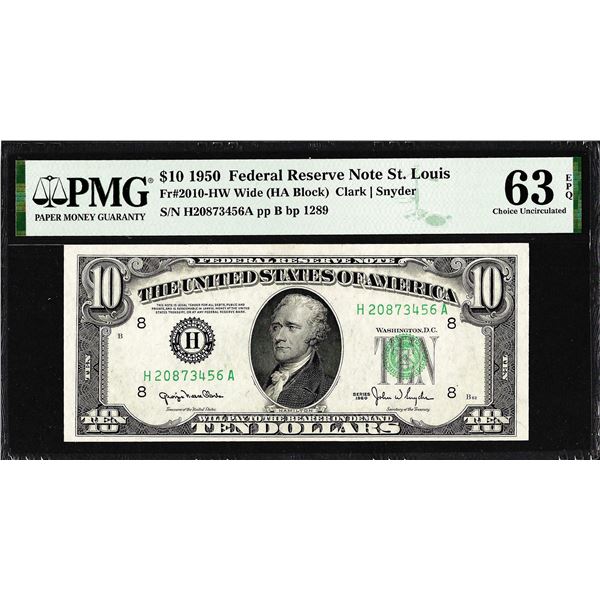 1950 $10 Federal Reserve Note St. Louis Fr.2010-HW Wide PMG Choice Uncirculated 63EPQ