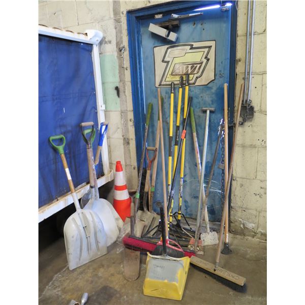 Multiple Shovels, Brooms, Mops, Scrapers, Long Handle Dust Pan, etc