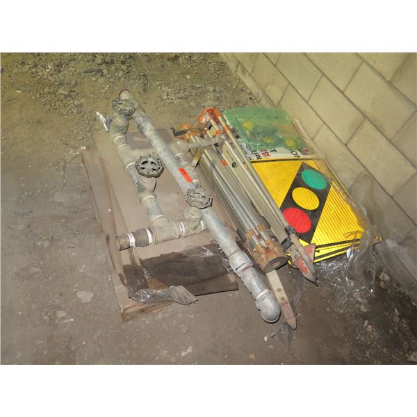 Traffic Signs, Metal Surveyor's Tripods, Water Pipe w/ Valves, etc