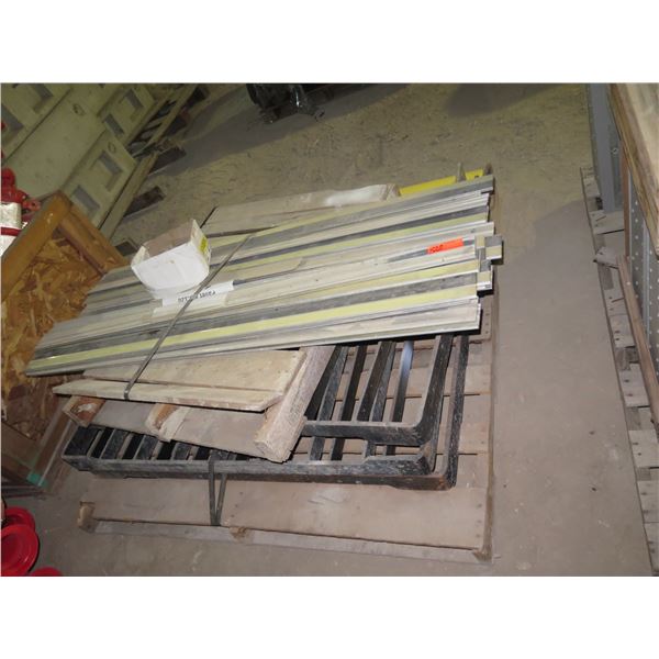 Pallet 3 Metal Forklift Carriages, Yellow Metal Stands, Metal Lengths, etc