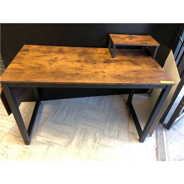 Rustic Metal Work Space - brown top with black metal legs with riser
