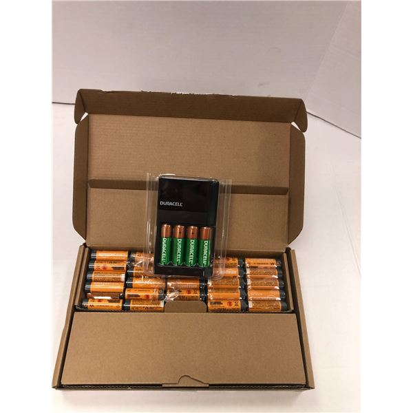 Box of Amazon Basics Alkaline Batteries - AA with Duracell Battery Recharger with 4 Rechargeable AA