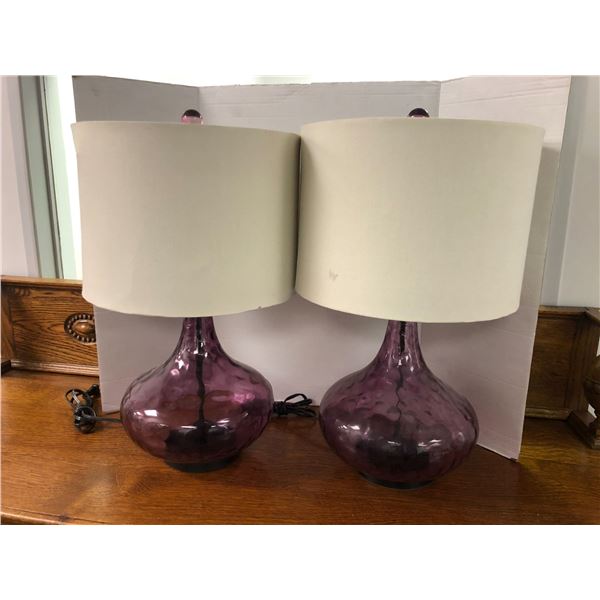 Two Purple Glass Lamps with mottled polka dot design c/w lampshades - approx. 24in tall