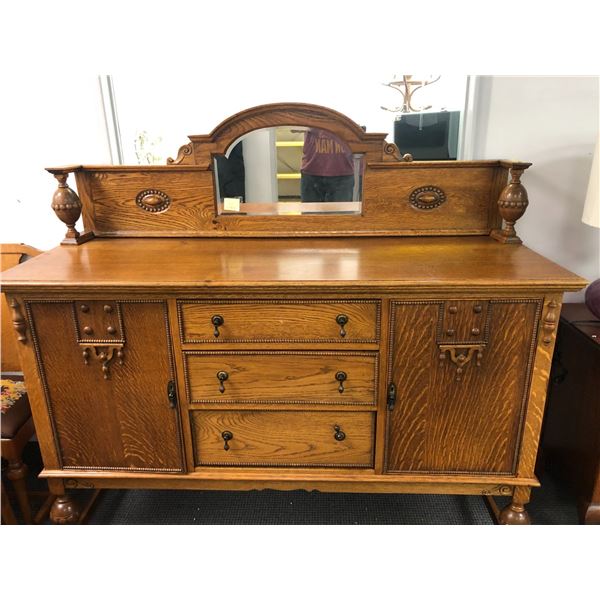 Antique Oak Buffet - three drawers and locking cupboard doors (with keys) includes Unattached Back w