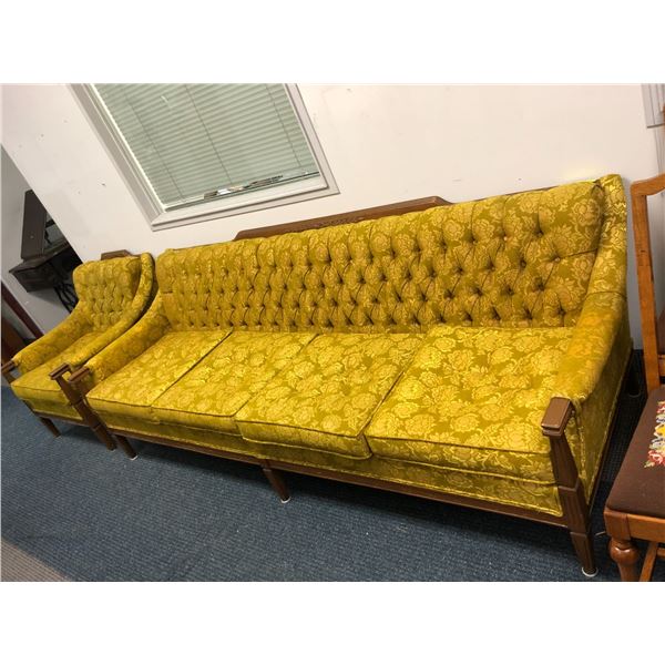 Large 4 seater Gold Patterned Sofa with Armchair - excellent condition - 89in long x 33in deep x 31i