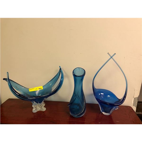 Collection of 3 Vintage Blue Glass Sculptures - One is signed by Chalet