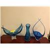Image 1 : Collection of 3 Vintage Blue Glass Sculptures - One is signed by Chalet