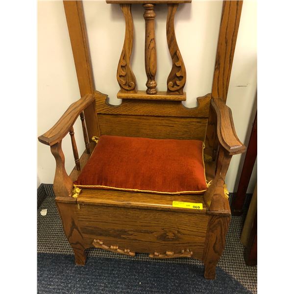 Oak Entry Chair and Coat Rack with Mirror and hinged seat and cushion - approx. 29in x 17in x 82in