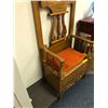 Image 2 : Oak Entry Chair and Coat Rack with Mirror and hinged seat and cushion - approx. 29in x 17in x 82in